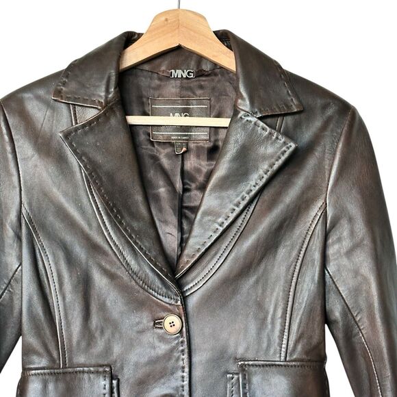 Mango Y2K Brown Leather jacket distressed collared blazer size 4 - Picture 5 of 10